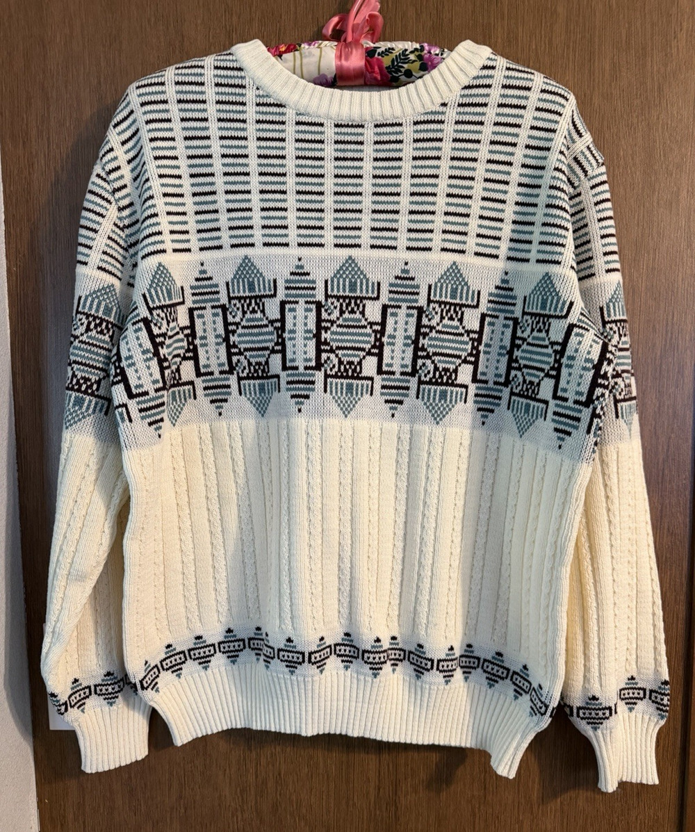 Vintage Rob Winter Fair Isle Sweater Skiing Ski Lodge Brown Teal Cream Men Sz L